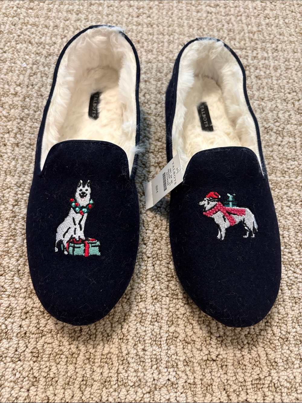 Talbots Navy Holiday Embroidered Dog Slippers with Faux-Fur Lining
